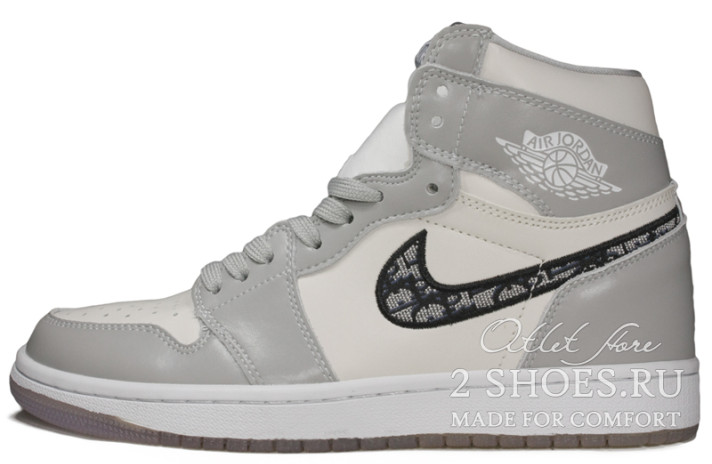 Кроссовки Nike Air Jordan 1 High Dior Wolf Grey  CN8607-002 серые, кожаные